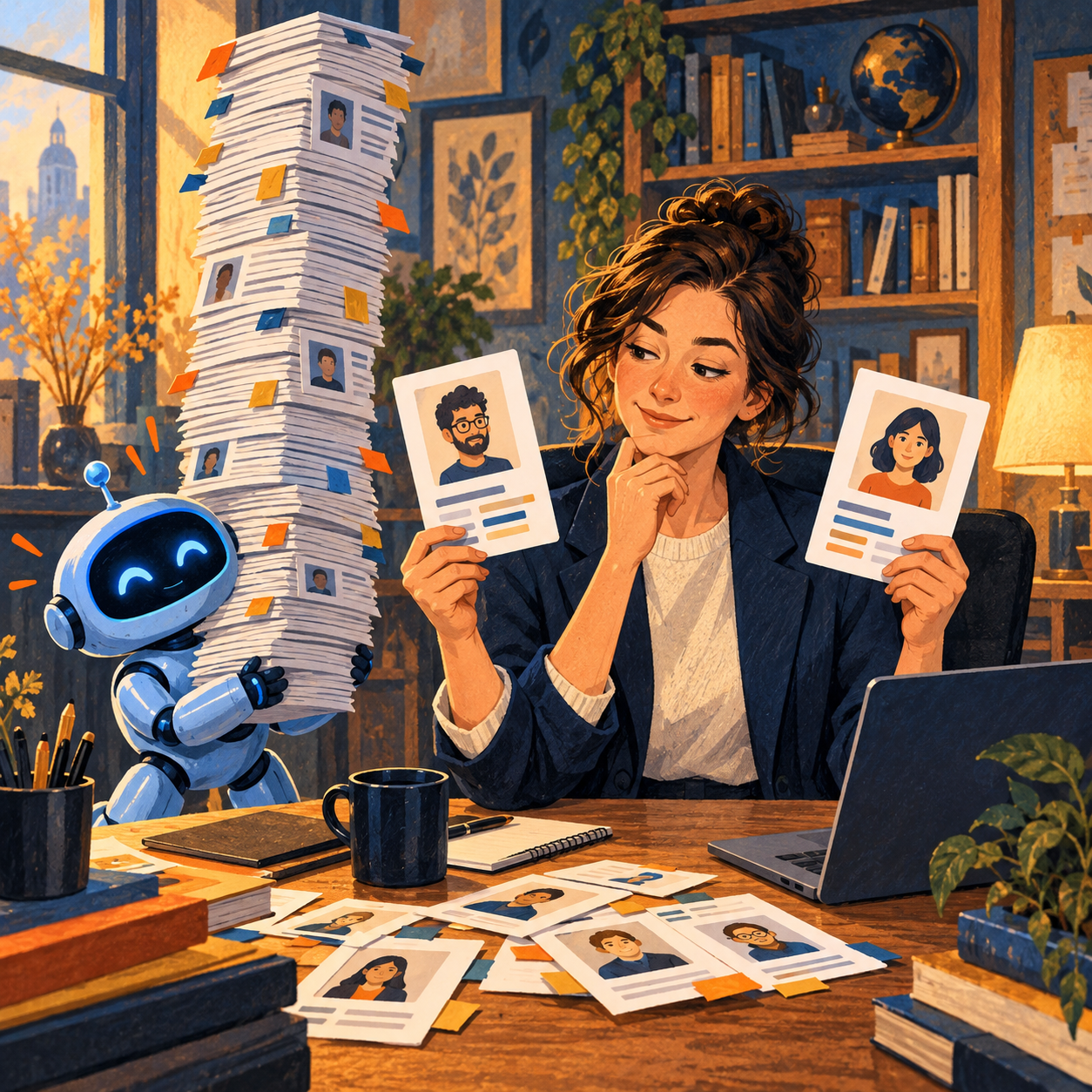 A manager selects an adviser from profile cards while a small blue robot offers an overly tall stack of candidates; editorial illustration, not the expert-hub.li interface