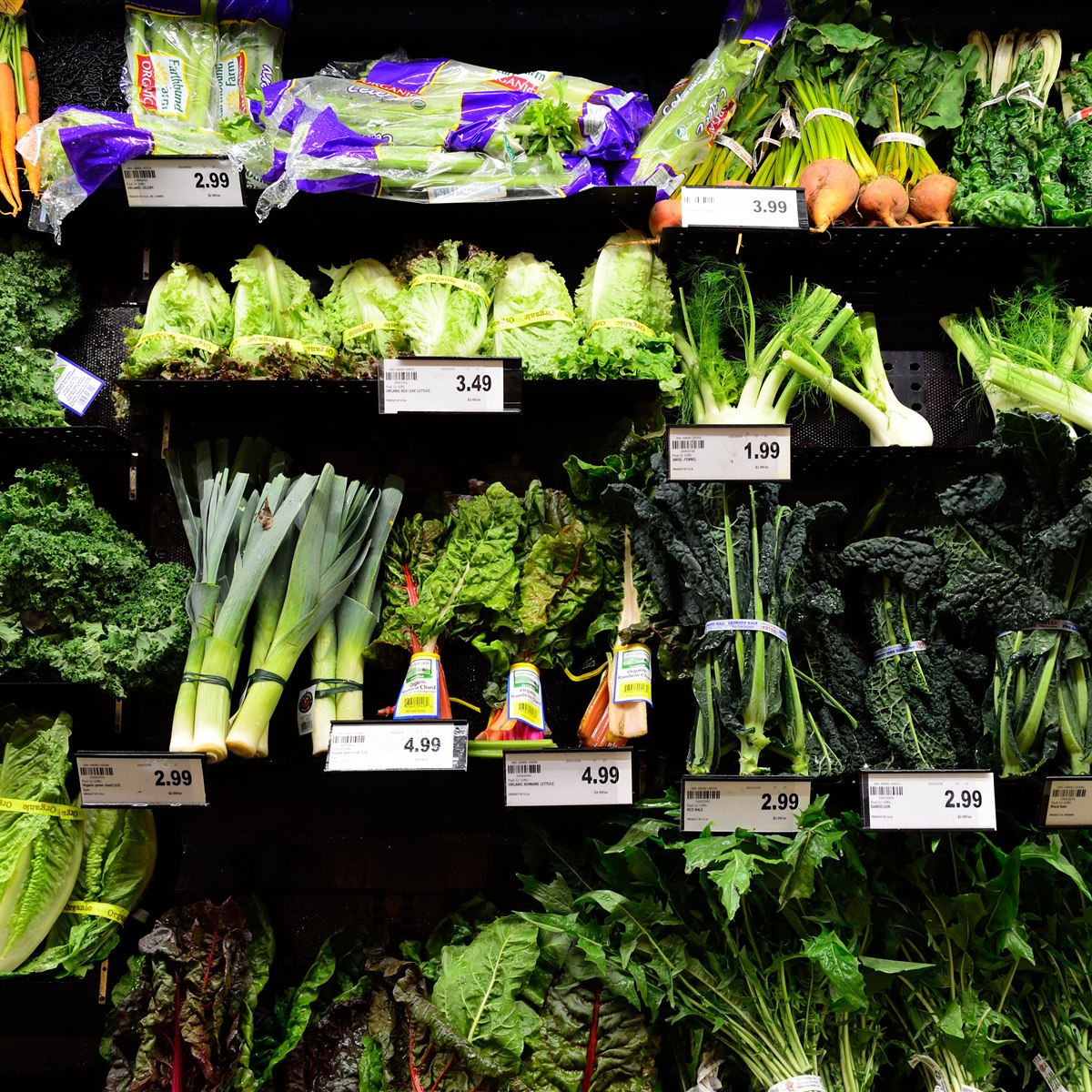 Photograph of a produce display with price tags; visible shelf zones need an availability check