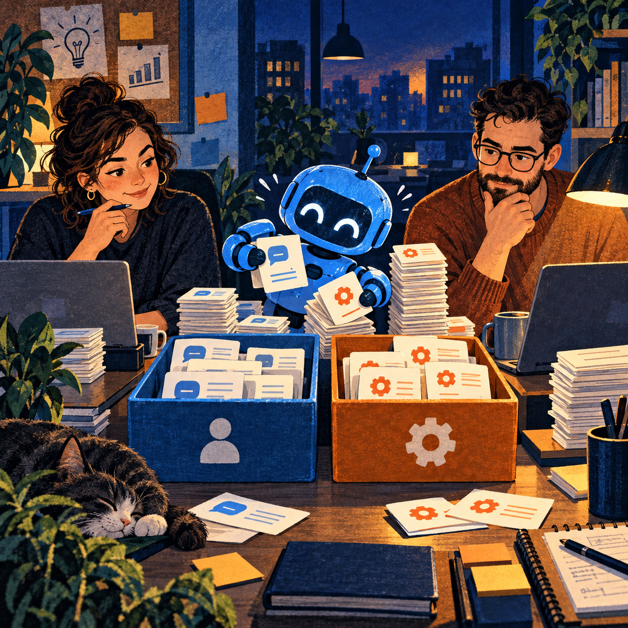 Two support specialists supervise a blue robot sorting customer inquiry cards in an office