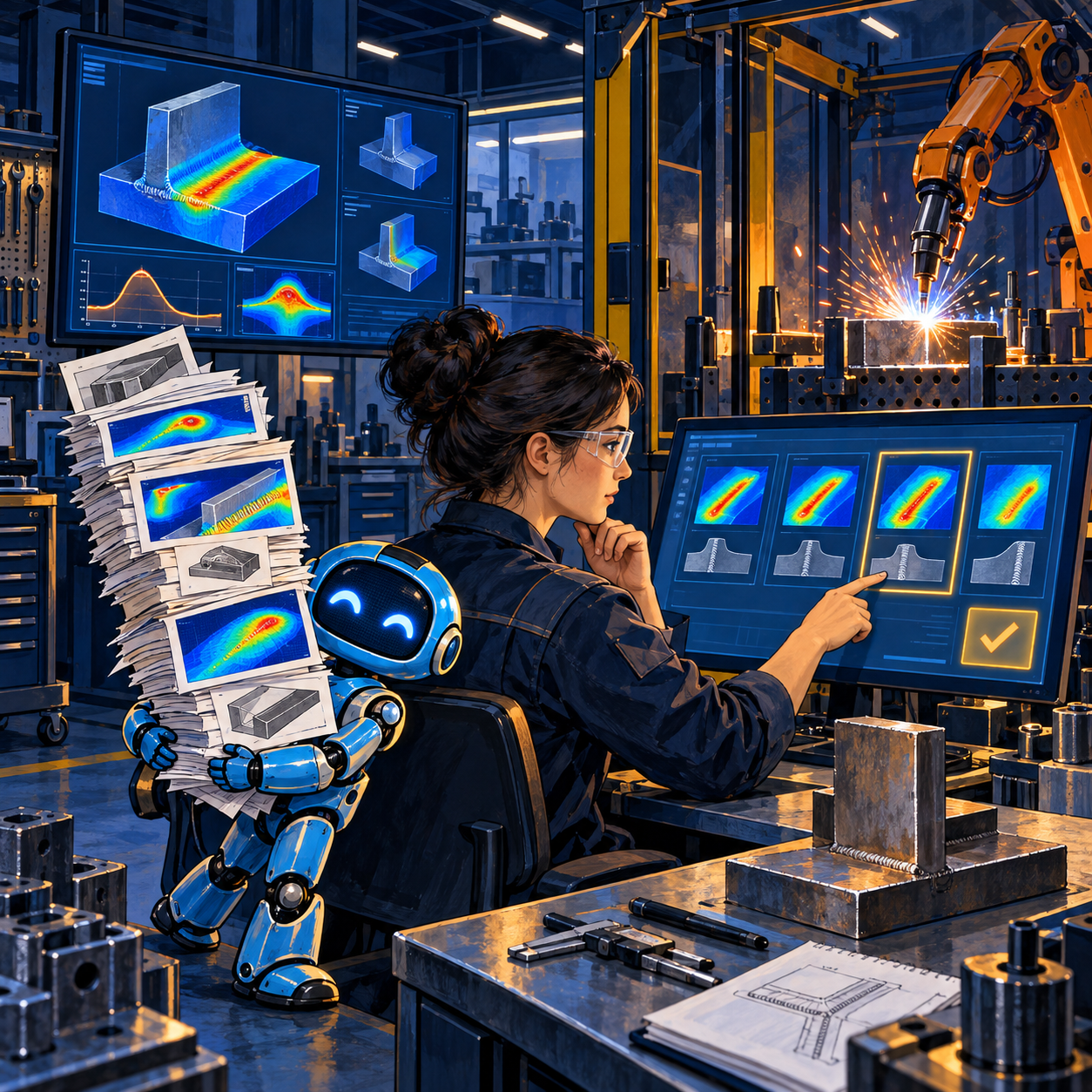An engineer selects a robotic welding setup from thermal simulations while the friendly blue robot intern Vnutrik carries an excessively tall stack of computed variants