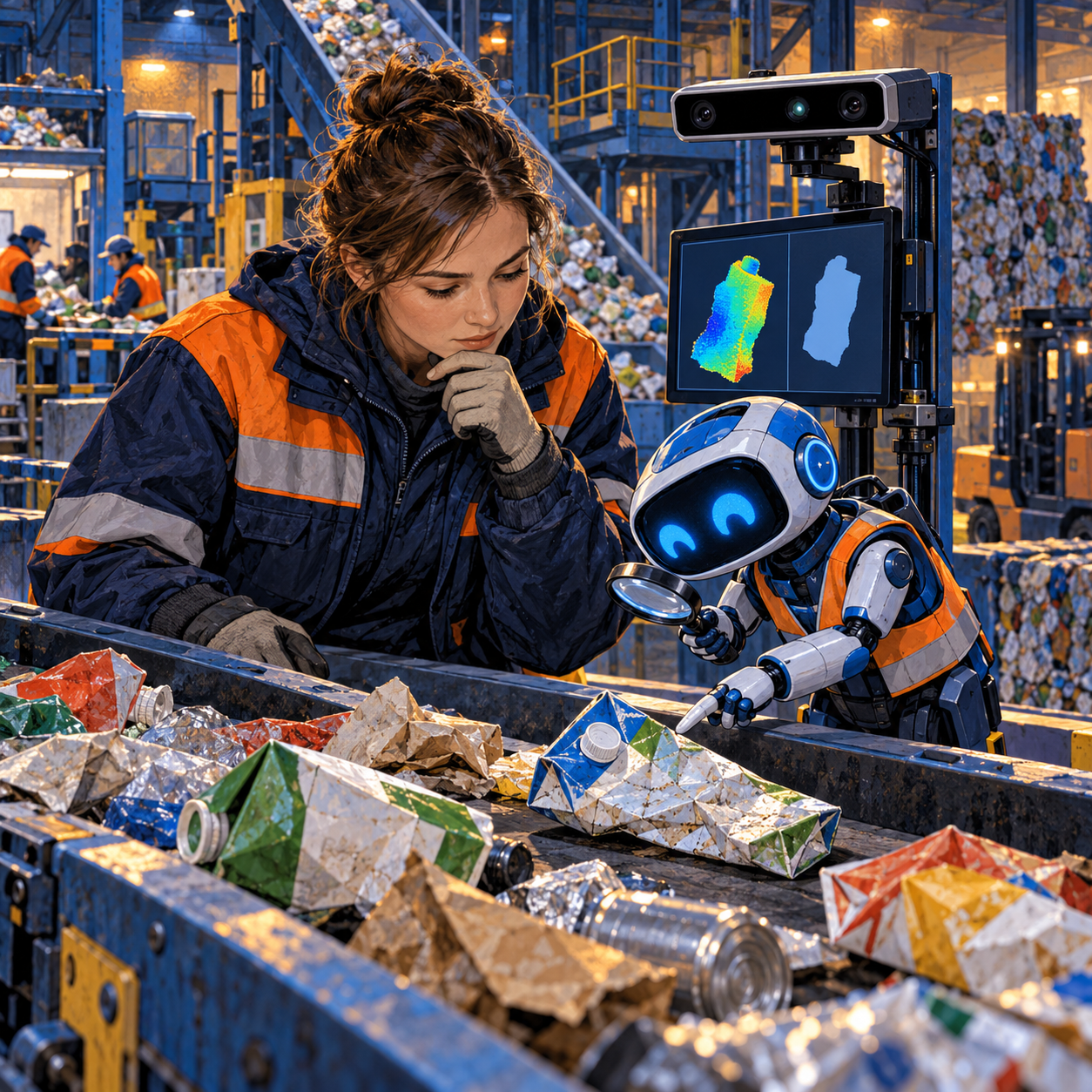 A sorting-line worker checks a crumpled package next to a depth camera and a small blue robot; full-bleed square editorial illustration