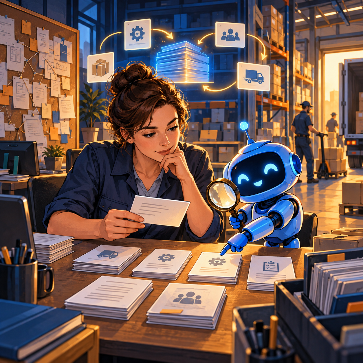 A warehouse operations manager reviews internal procedures while a small blue robot helps find documents; the human remains responsible for the decision