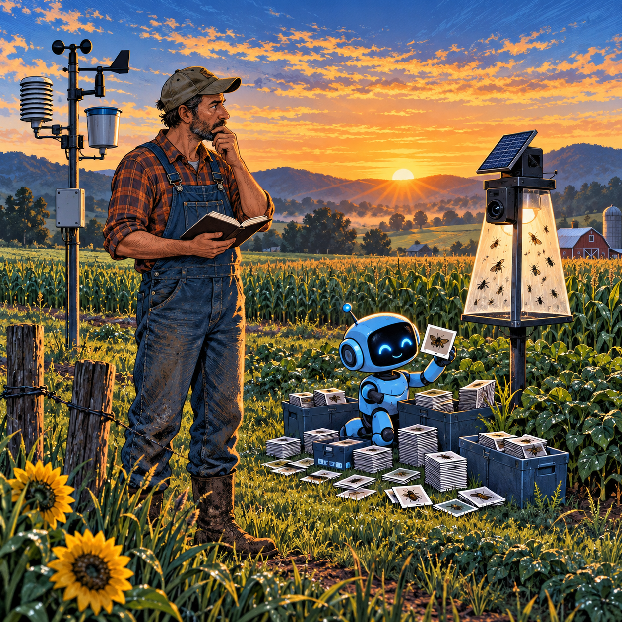 Farmer with a field notebook assessing a weather station and camera trap while a small blue robot sorts insect images