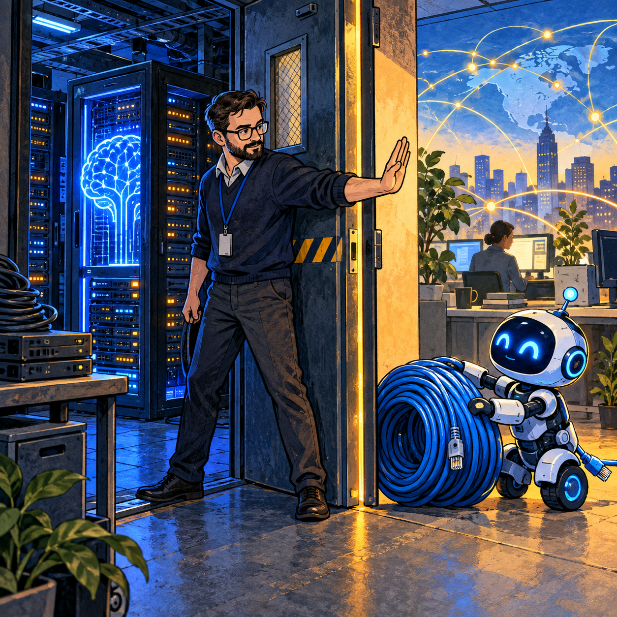 An IT specialist closes access to a server room while a small blue robot intern holds an oversized coil of network cable