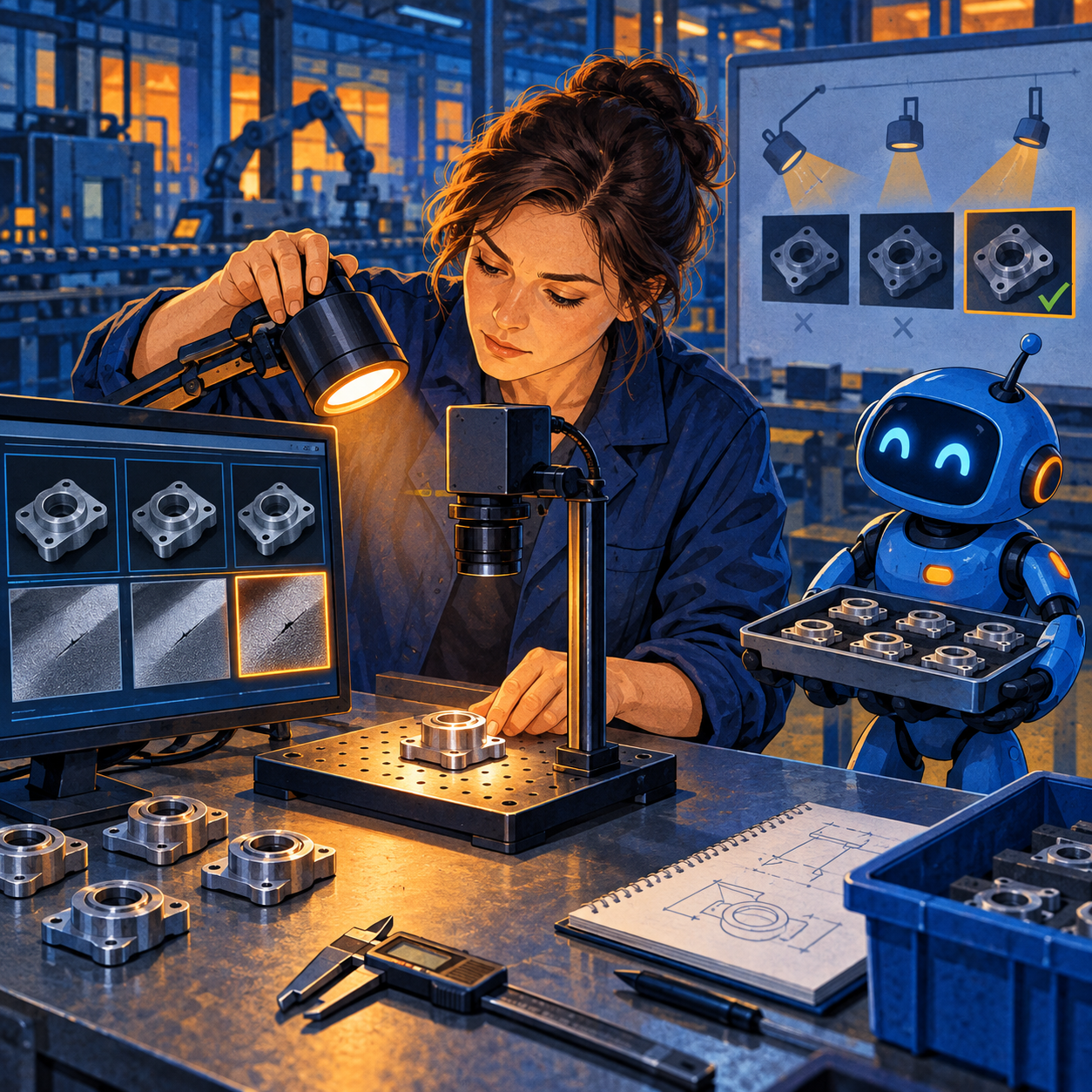 A quality engineer adjusts lighting over a part beneath a camera while a small blue robot holds sample parts