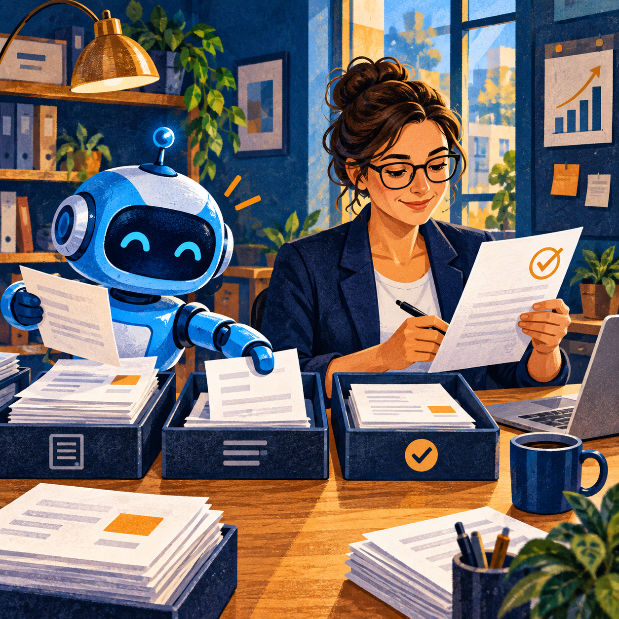 A blue robot sorts invoices into trays while an employee checks a document in an office