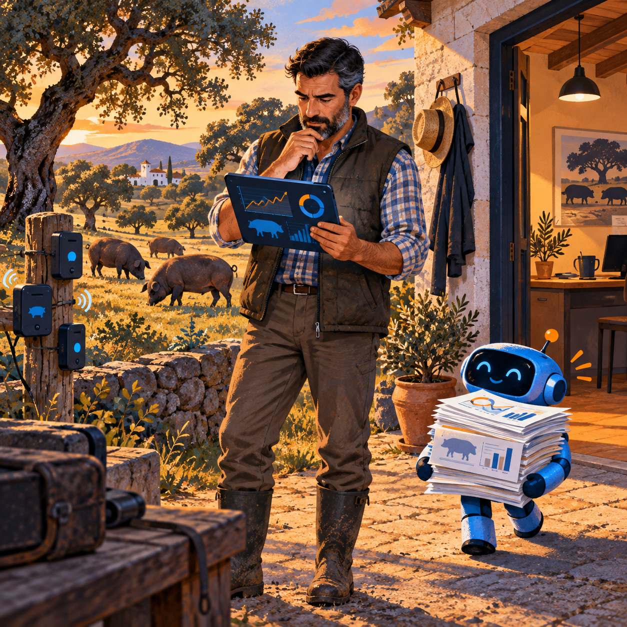 Farm manager reviews animal activity sensor readings while a small blue robot holds charts.