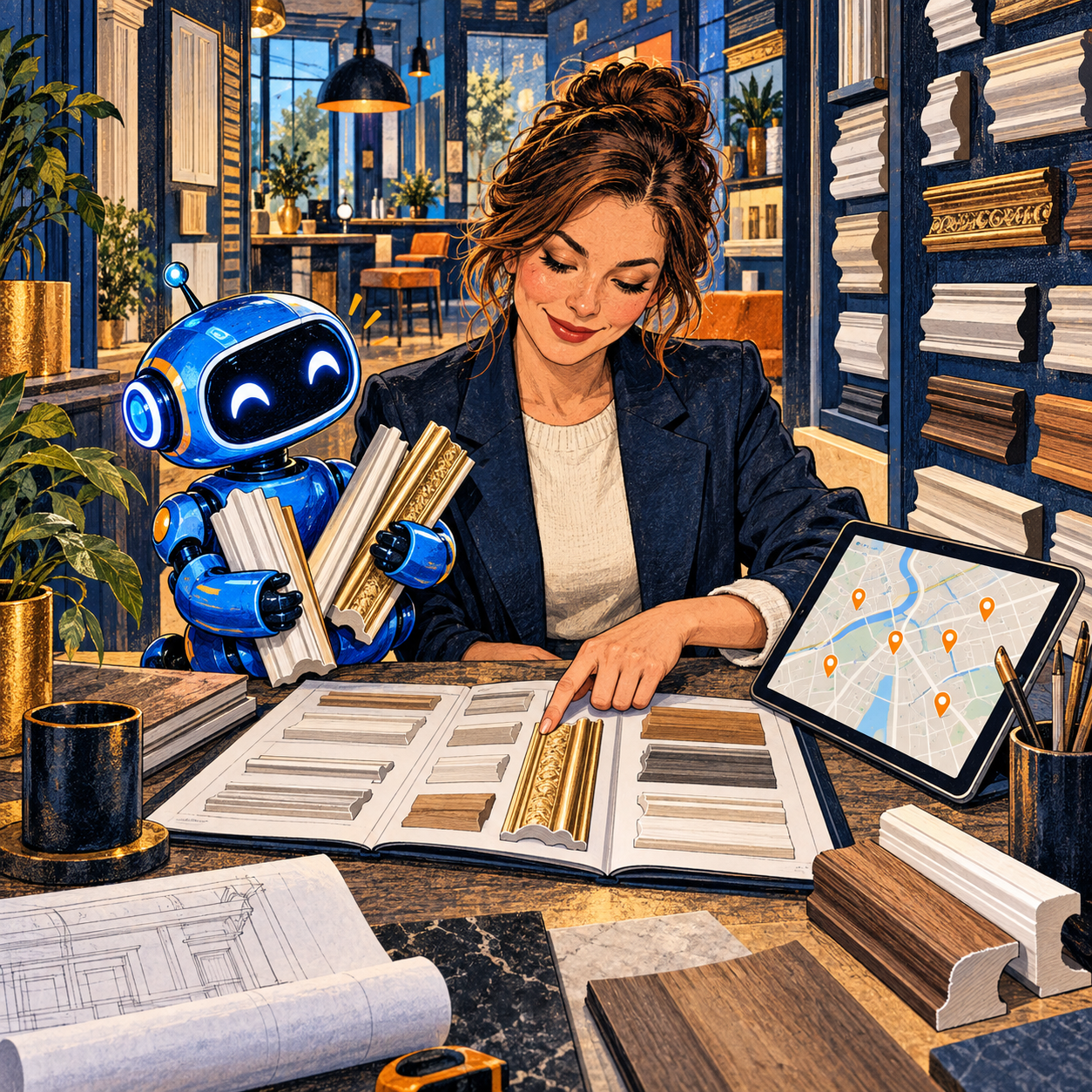 In a building-products showroom, a specialist selects a moulding from a catalog while a small blue robot holds samples beside an installer map