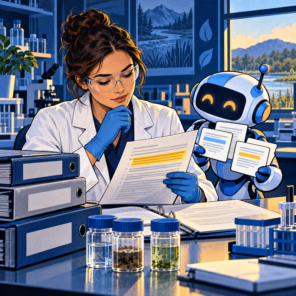 A laboratory employee checks an operating procedure while a small blue robot offers retrieved document passage cards.