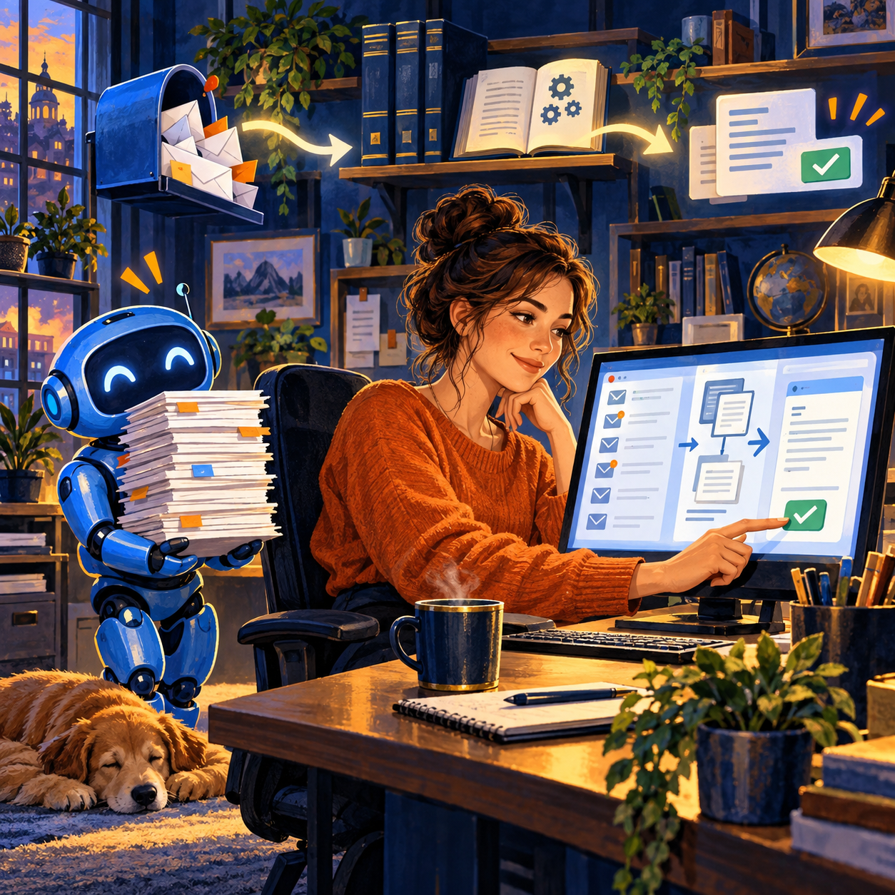 Editorial illustration of a support specialist approving a draft reply on a screen while a small blue robot holds a stack of letters nearby