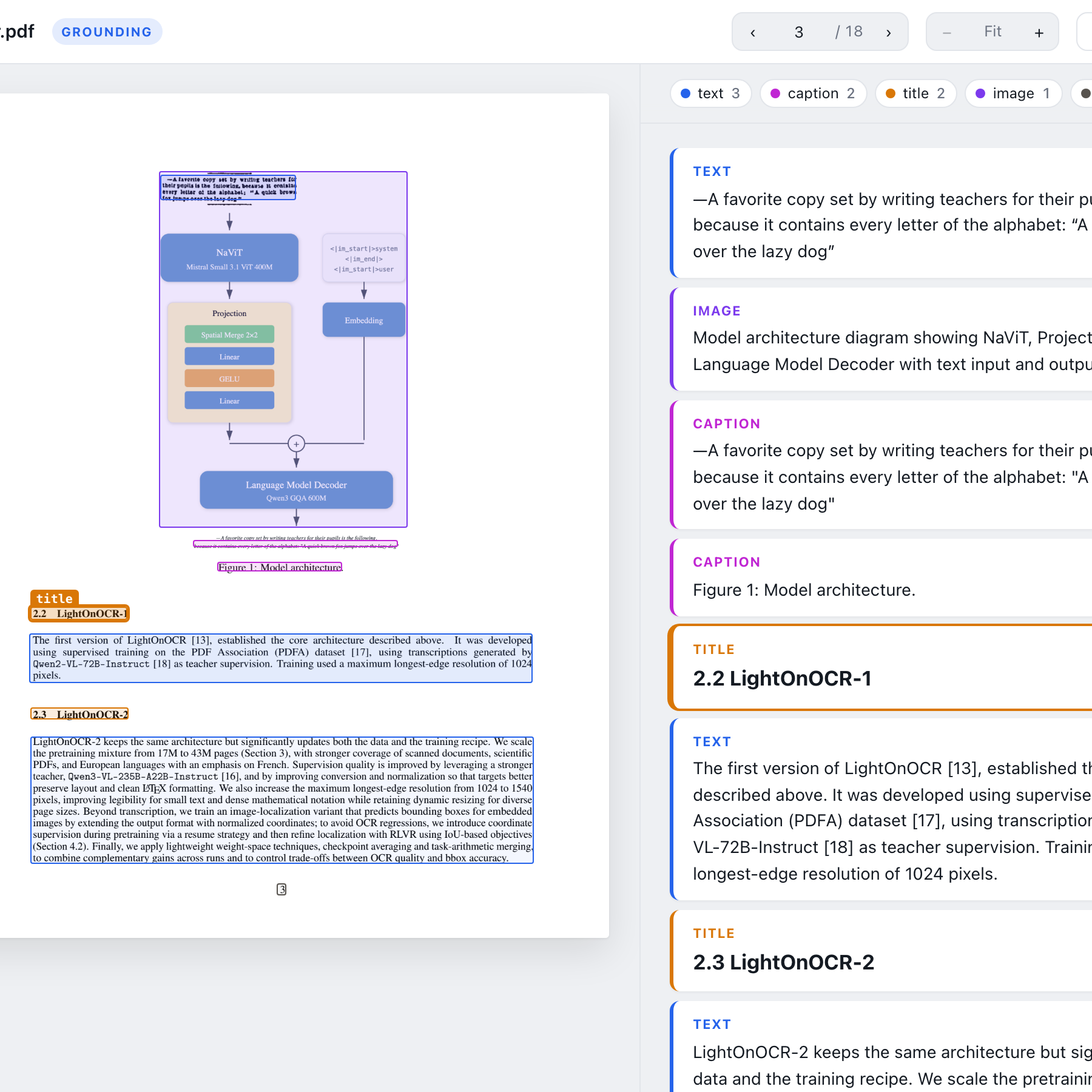 Официальный интерфейс LightOnOCR: страница документа с цветной разметкой блоков слева и извлечённые текстовые блоки справа