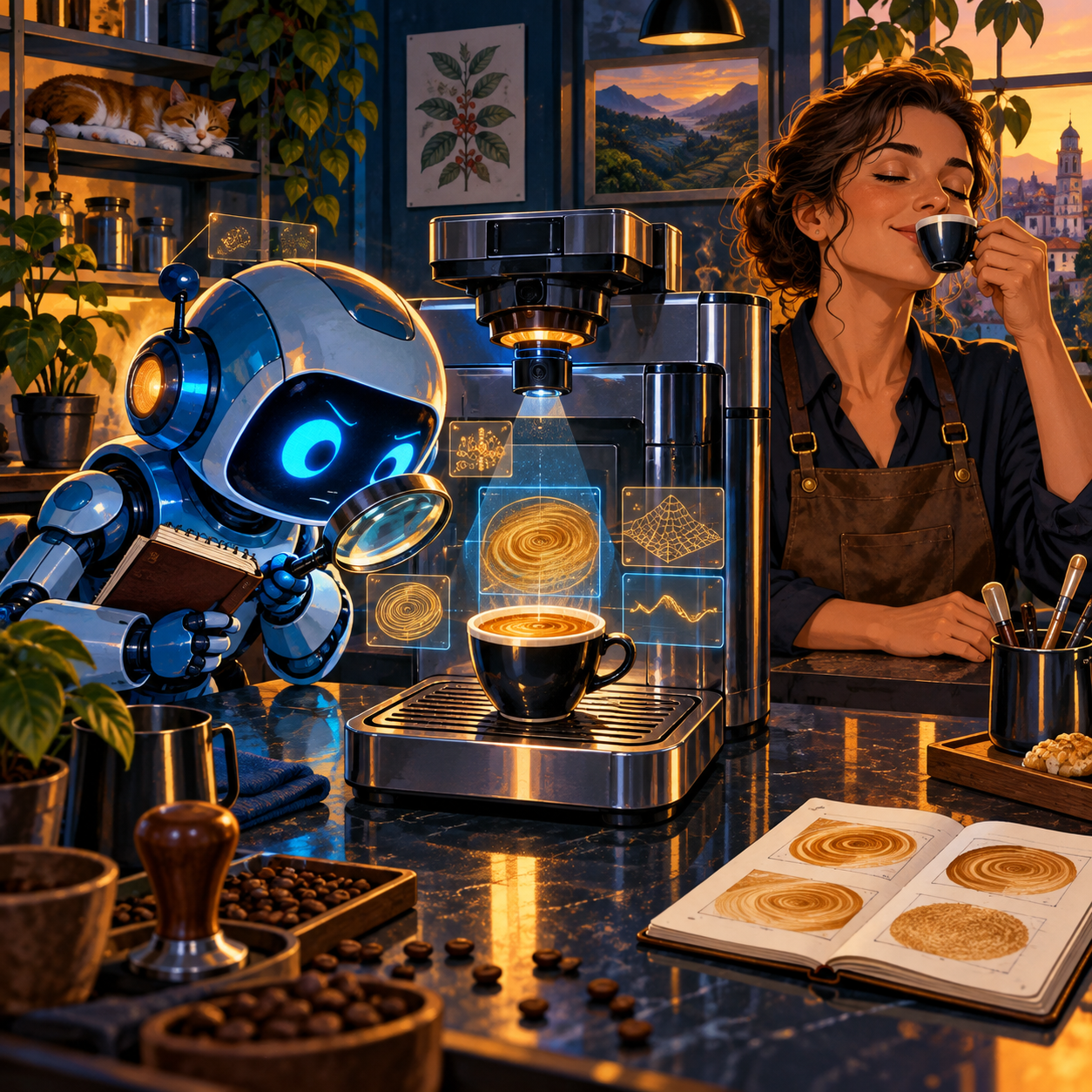 A small blue robot intern examines espresso crema with a magnifying glass beside a coffee machine while a specialist tastes the drink and makes the decision
