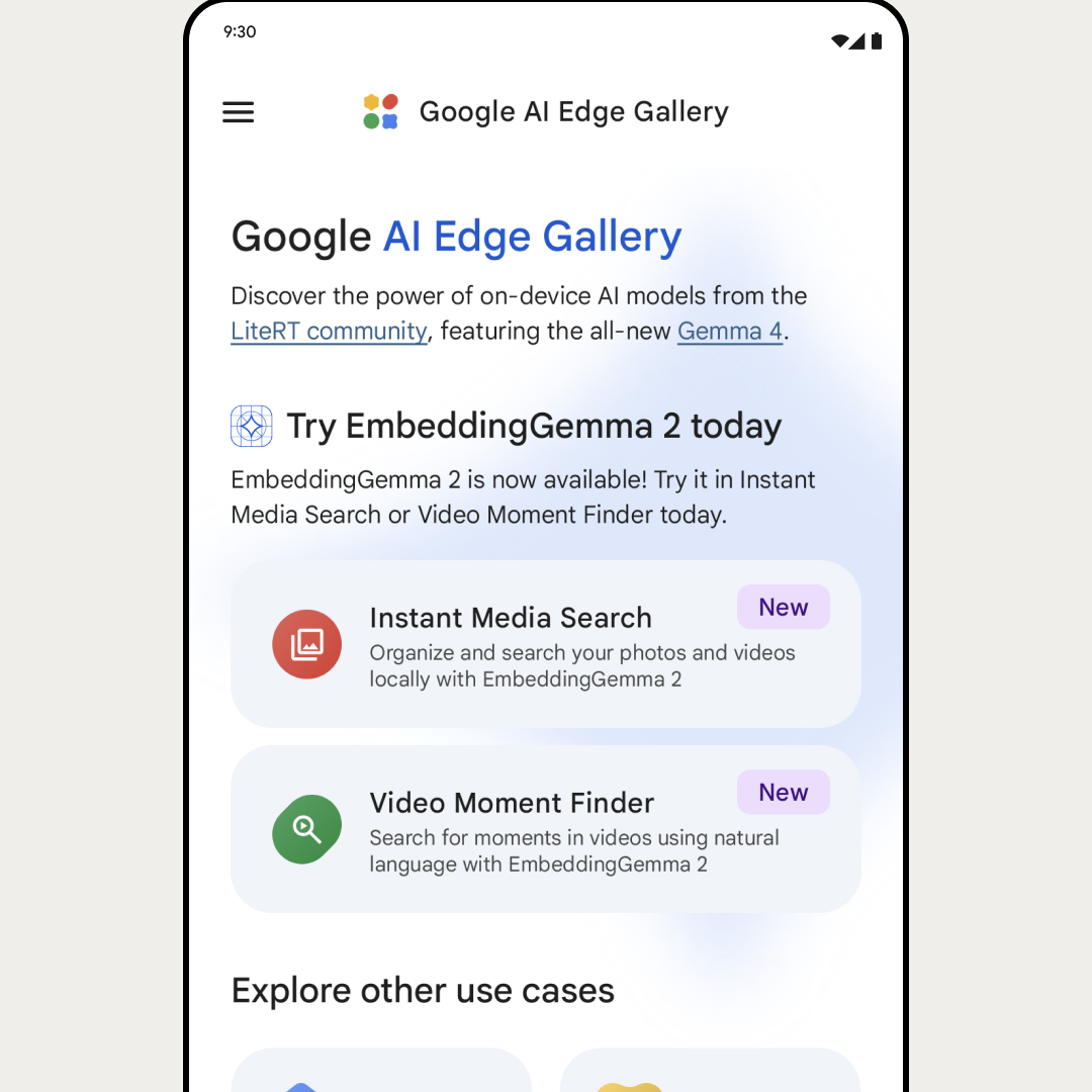 Square crop of the official Google AI Edge Gallery screen showing EmbeddingGemma 2 local media and video search