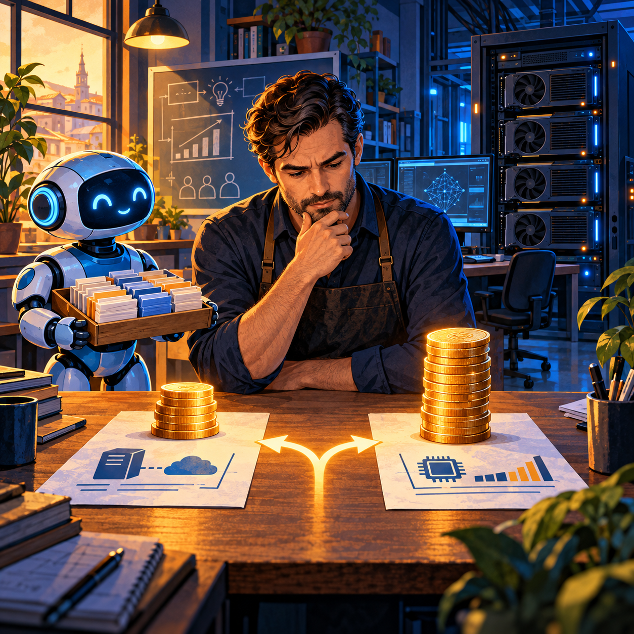 Small-business manager comparing two AI cost paths beside a blue robot intern and a GPU server