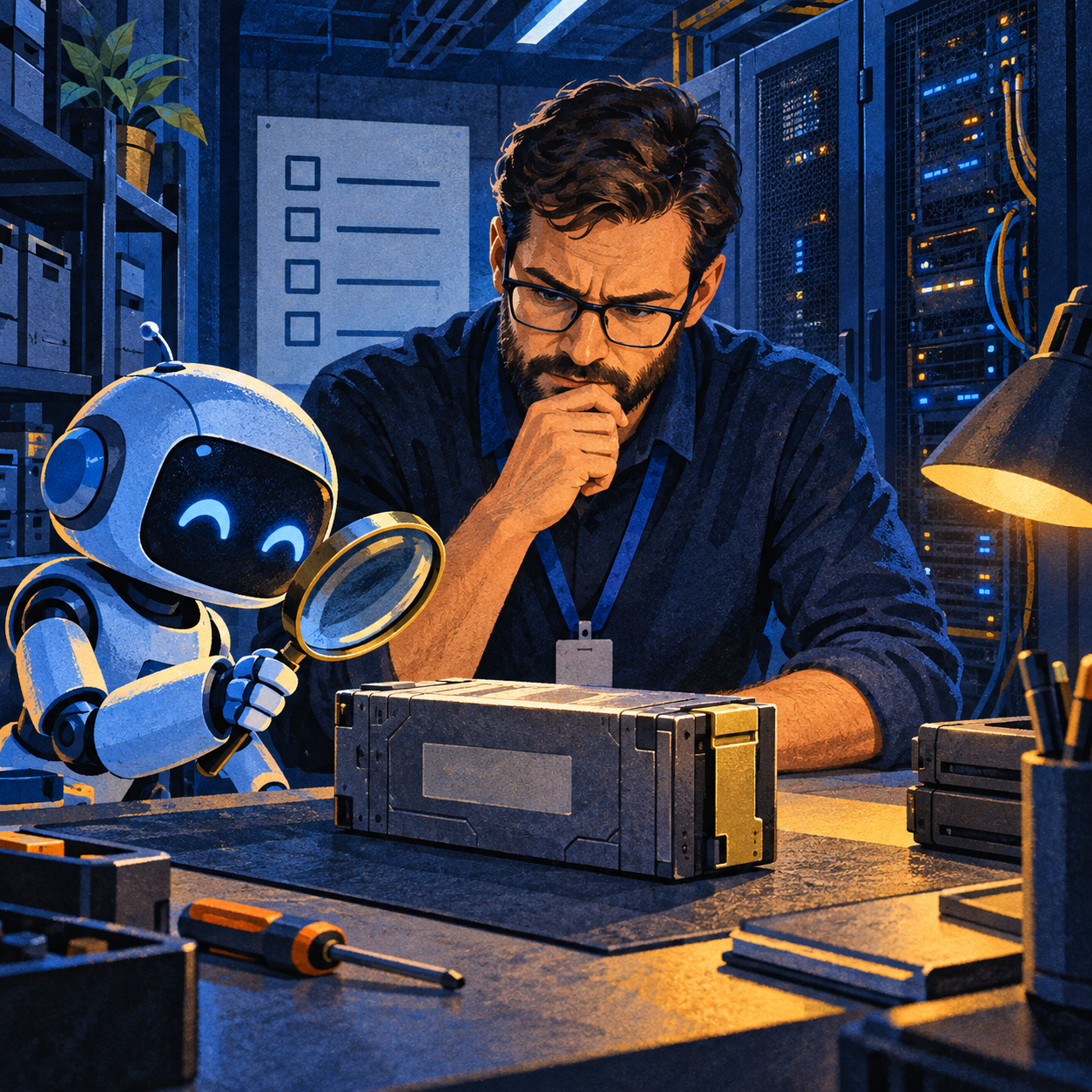 An IT lead checks a model storage cartridge in a server room while a small blue robot intern assists