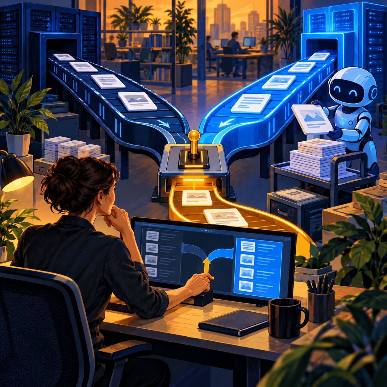 An engineer switches search between two parallel document streams while a small blue robot intern helps move document cards