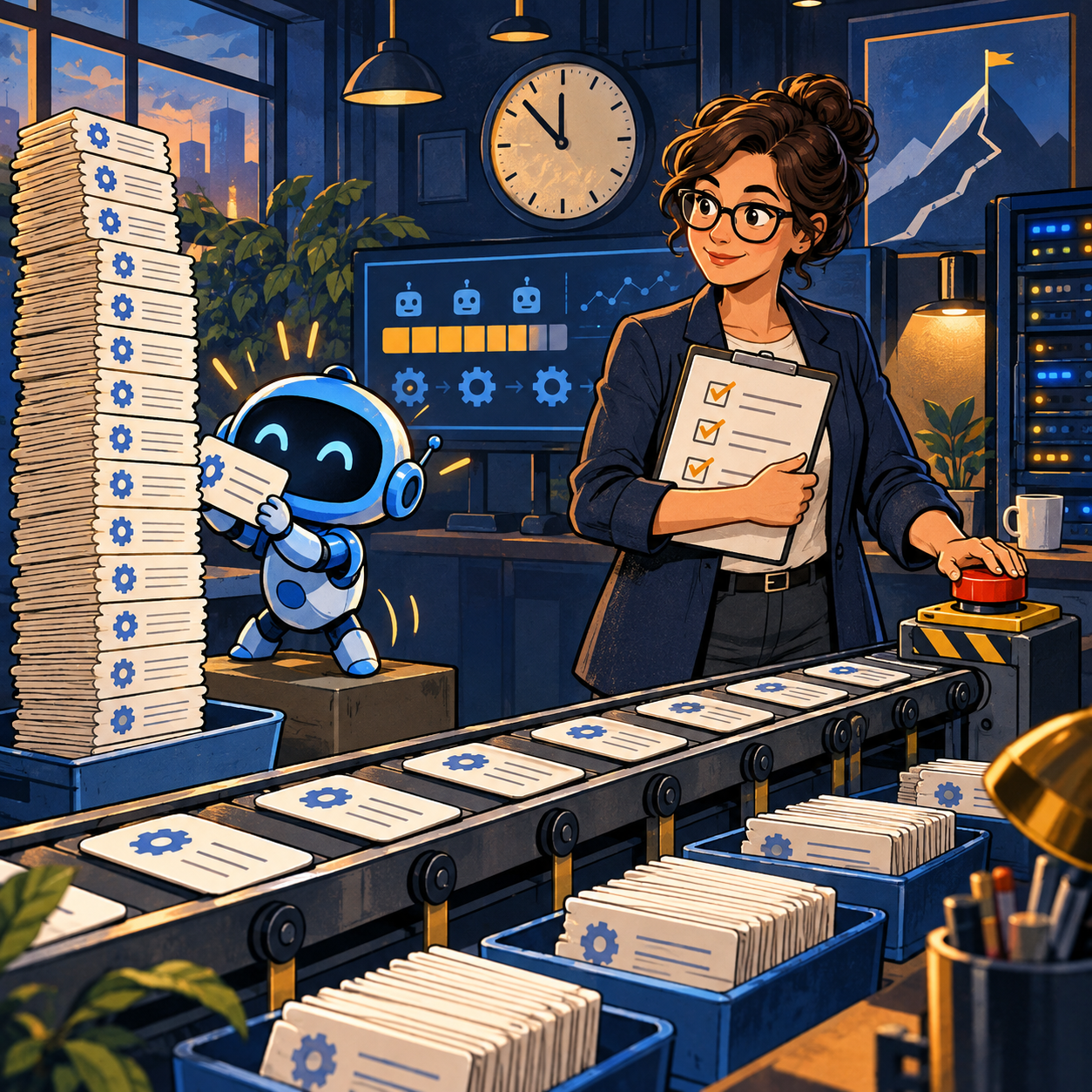 A human controls an agent job queue with a stop button while a friendly blue robot intern carries far too many duplicate task cards
