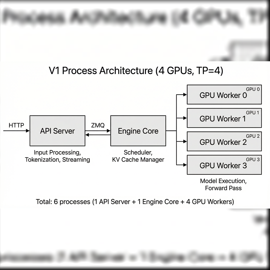 Официальная схема vLLM: API-сервер передаёт запросы ядру движка, которое распределяет выполнение между четырьмя GPU; полный рисунок помещён на квадратную обложку поверх размытого продолжения исходника