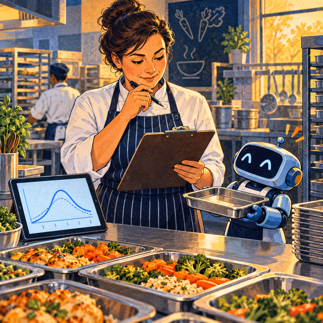 A kitchen manager chooses a portion count using a tablet forecast while a small blue robot holds an empty tray