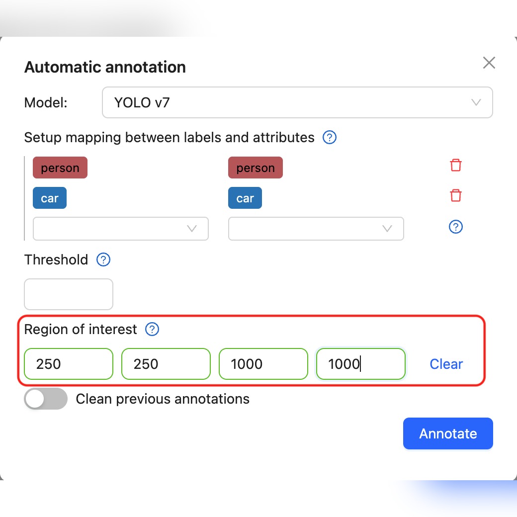 Official CVAT interface screenshot showing automatic-annotation label mapping and region-of-interest settings