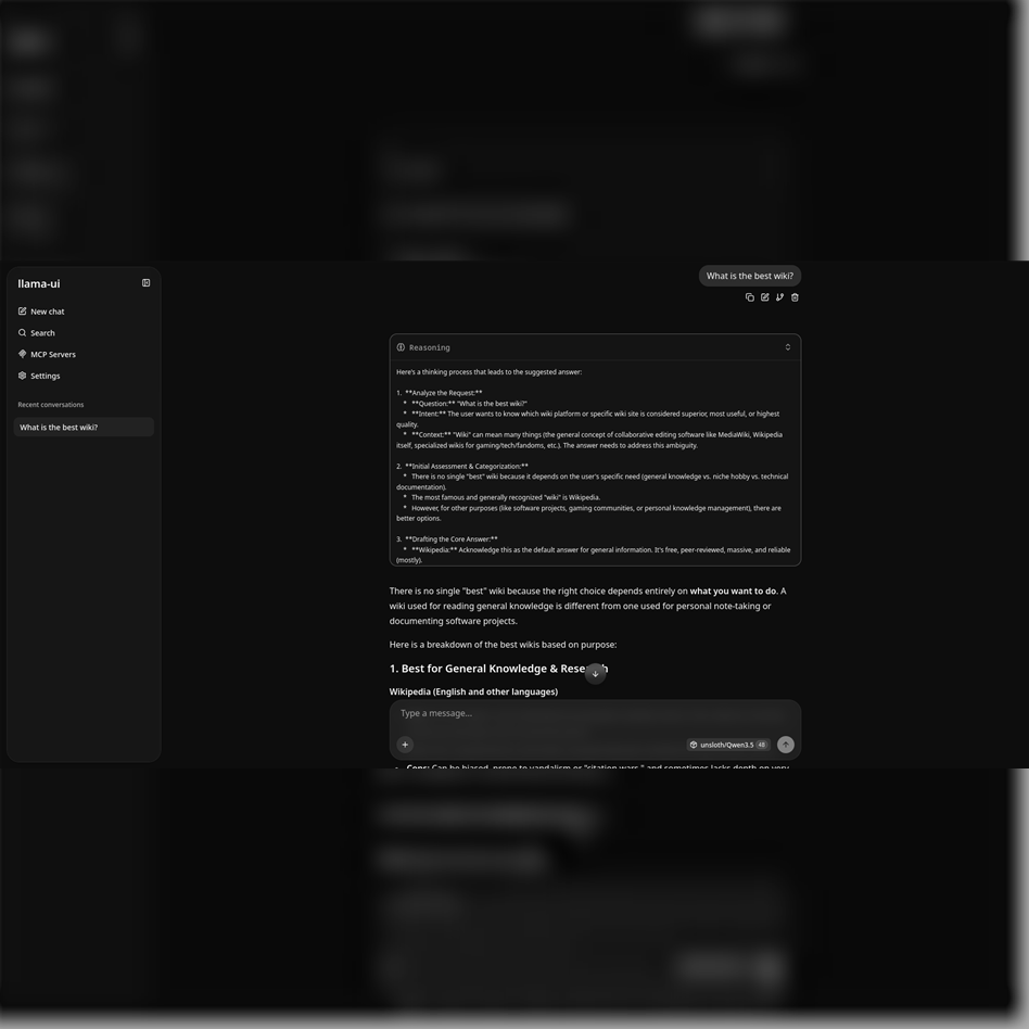 Square composition of a real llama.cpp local chat interface screenshot; it does not depict the Llama Windows tray panel