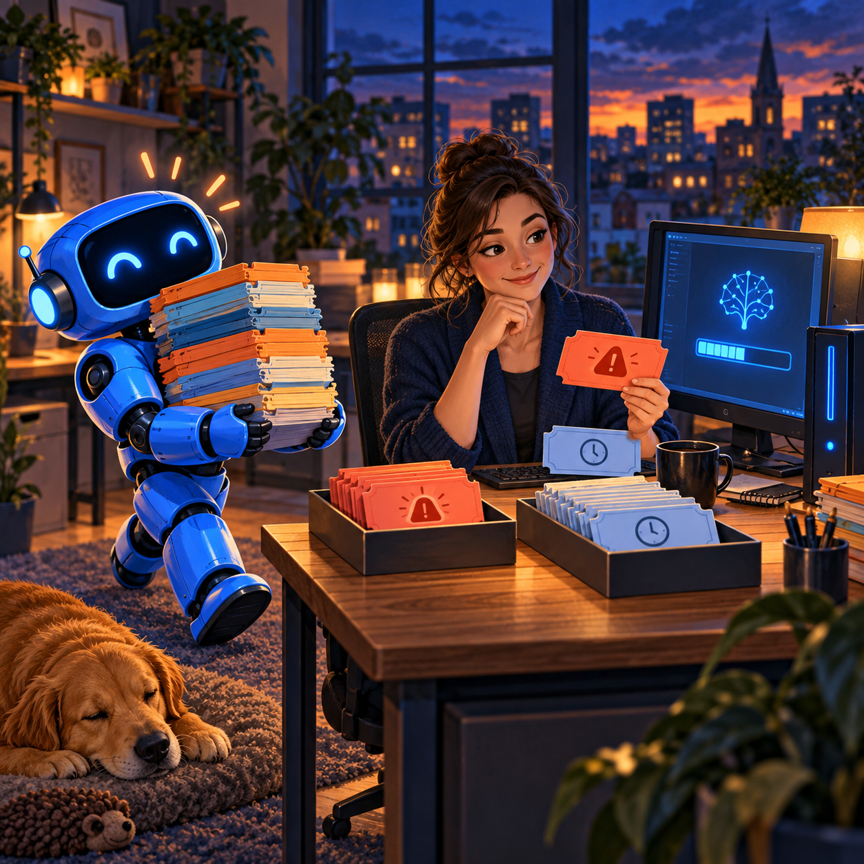 A blue robot carries a batch of requests for evening processing while a manager separates an urgent one