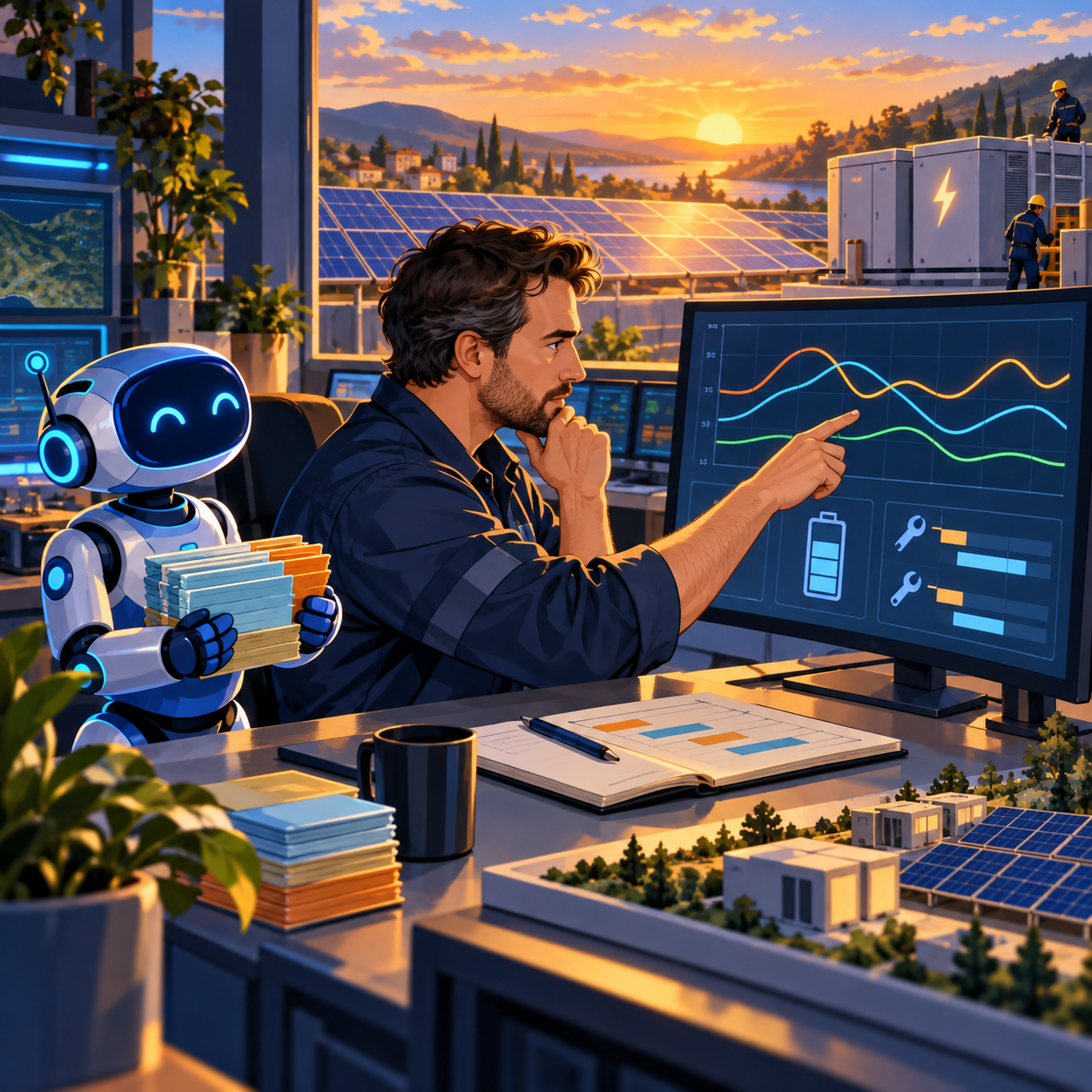 Illustration of an energy manager reviewing a solar generation forecast while a small blue robot holds data cards, with solar panels behind them