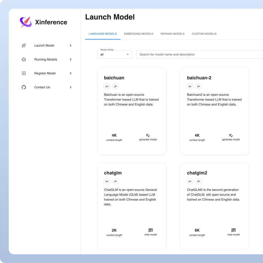 Official screenshot of the Xinference model-launch interface with a list of language models, cropped square