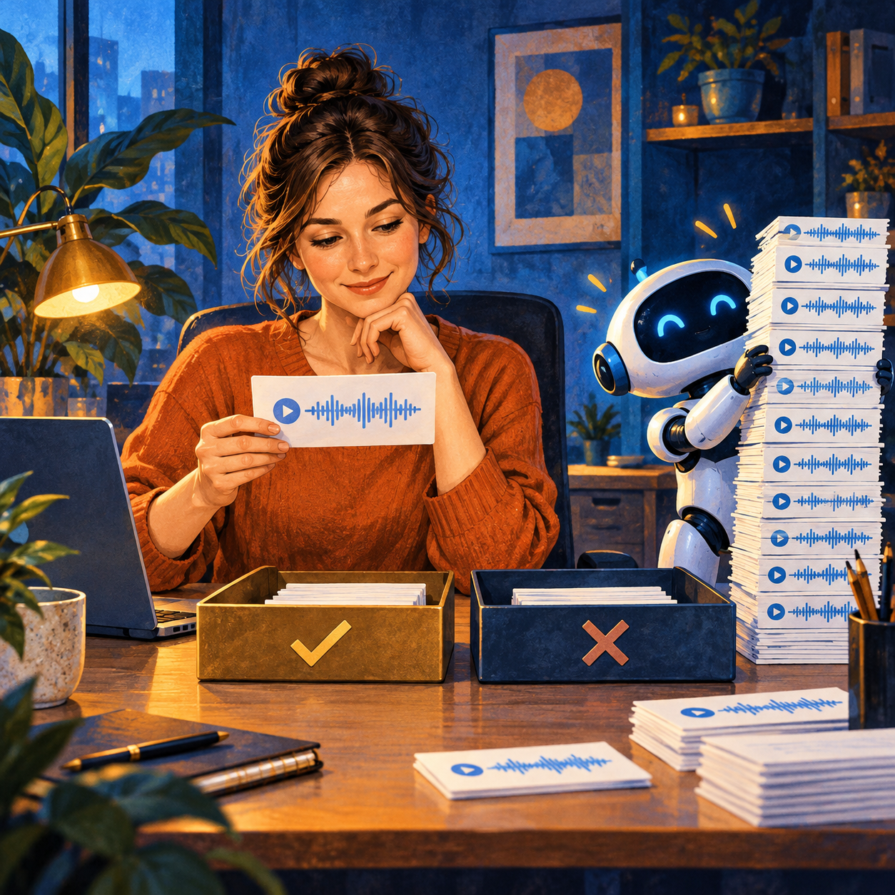 A manager selects one phone-call card for approval while a small blue robot holds a stack of waveform cards; the human decides what enters the CRM