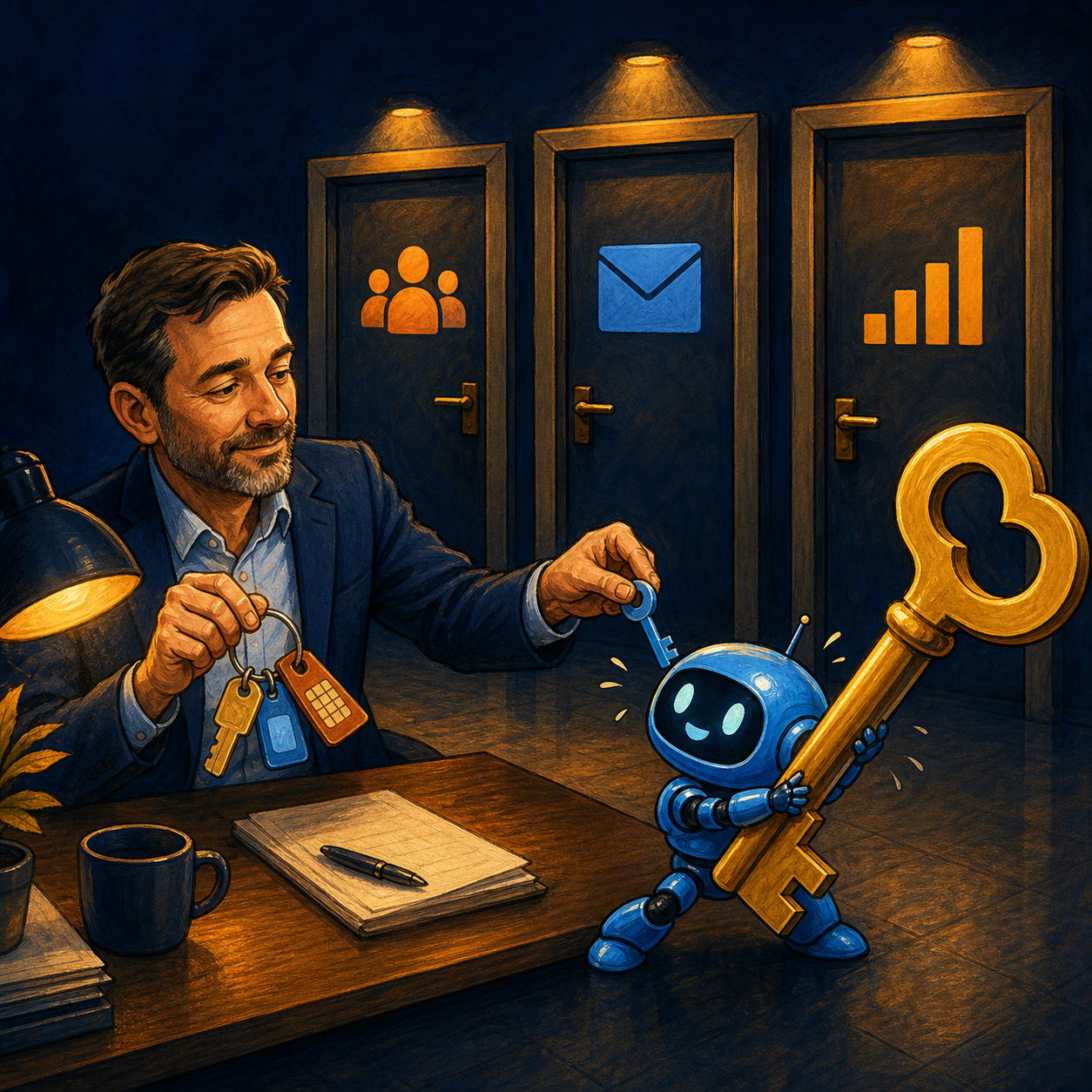 Руководитель выдаёт маленькому синему роботу Внутрику один ограниченный ключ вместо огромного мастер-ключа к CRM, почте и учётной системе