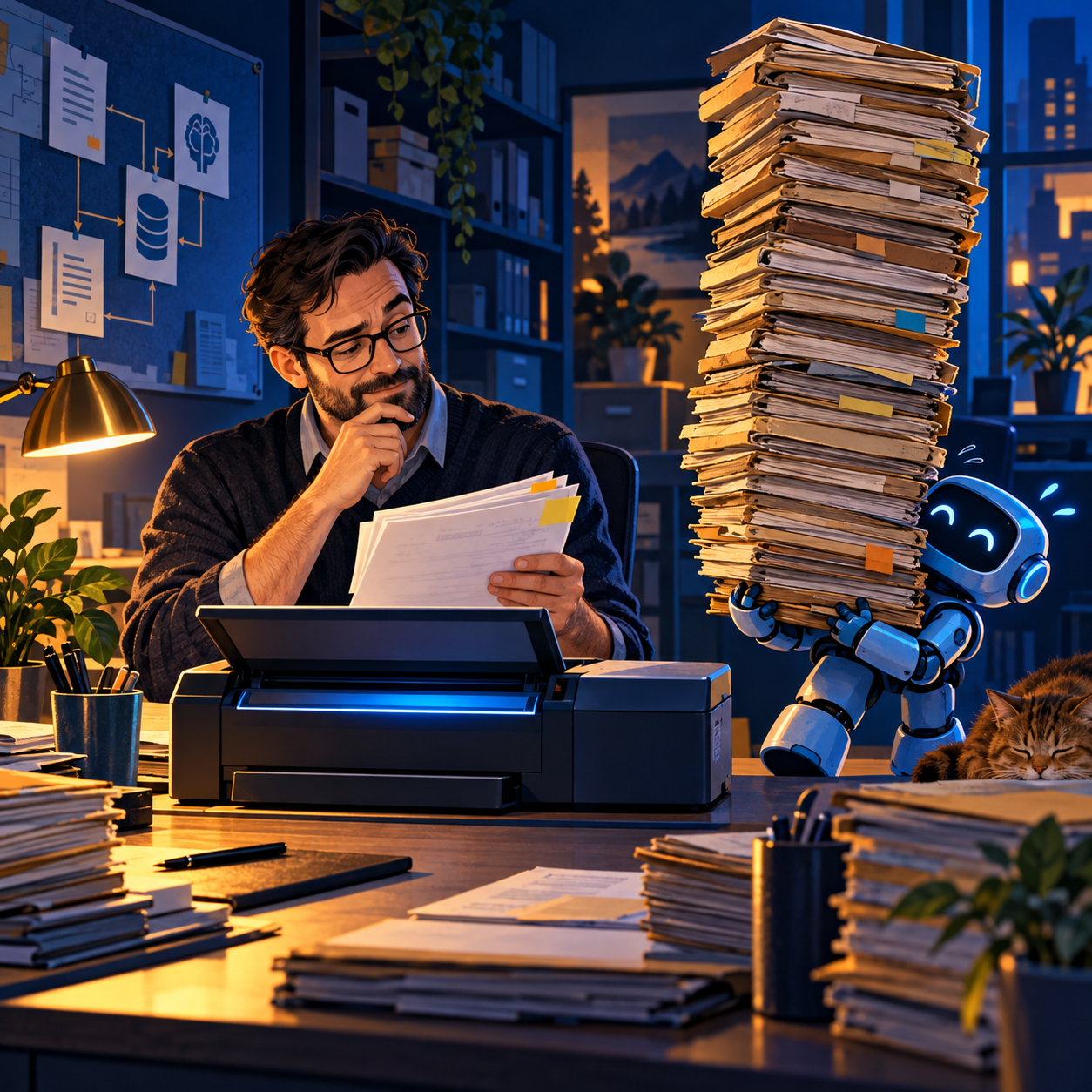 Employee selects changed documents for scanning while a small blue robot carries an oversized stack of old folders