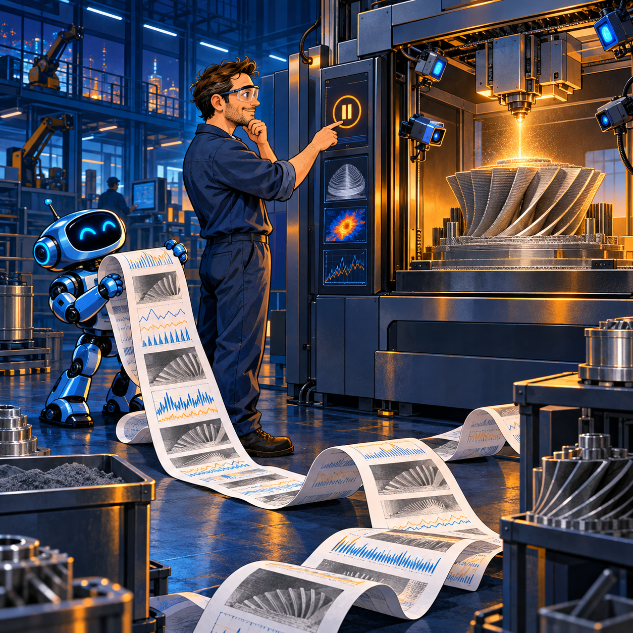 An engineer pauses an industrial 3D printer after reviewing risk evidence while the friendly blue robot intern Vnutrik unrolls an excessively long ribbon of charts and layer images