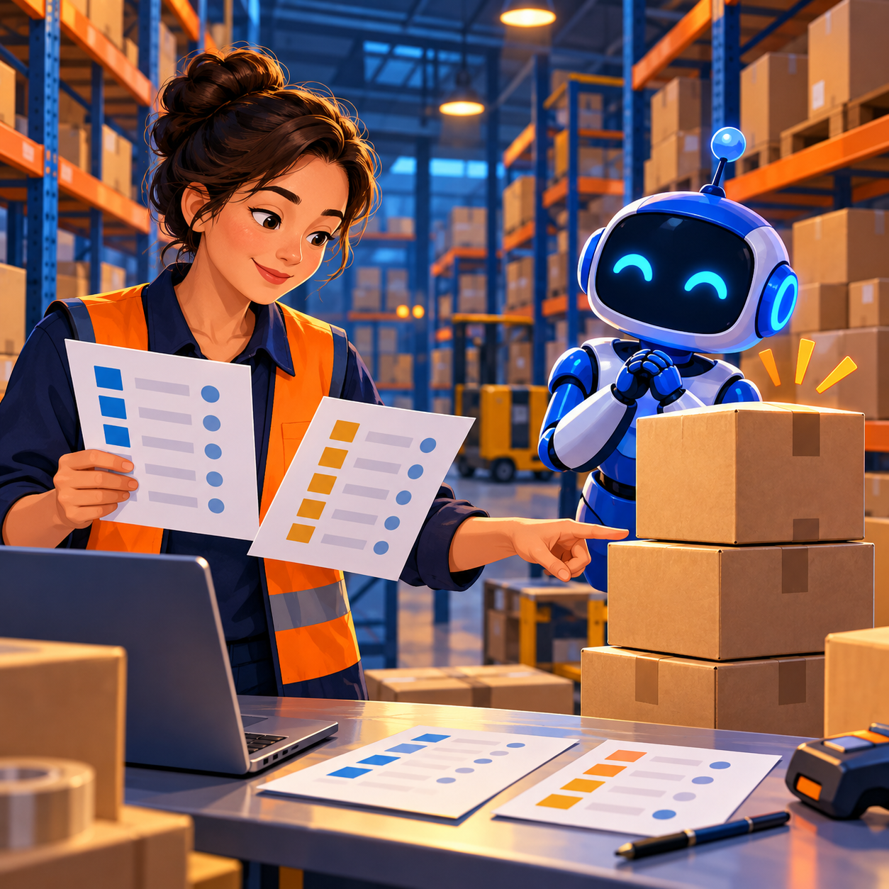 Warehouse manager comparing two inventory sheets while a small blue robot points to an extra carton