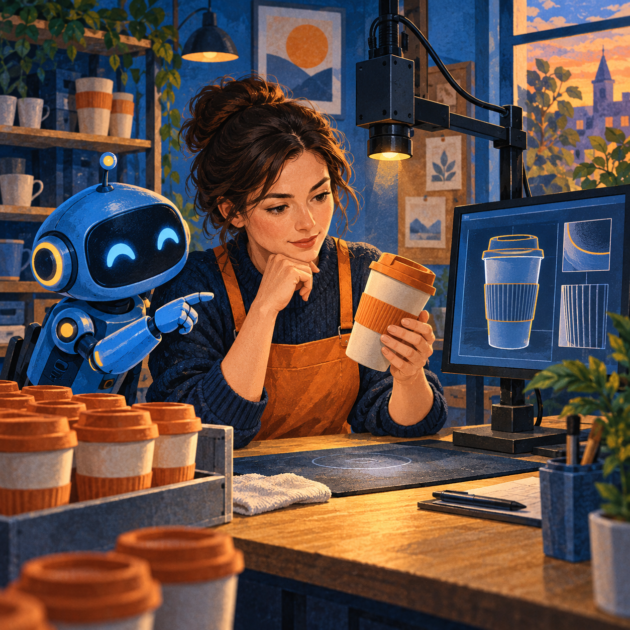 A staff member checks a reusable cup beside a camera while a small blue robot intern points to it; editorial illustration