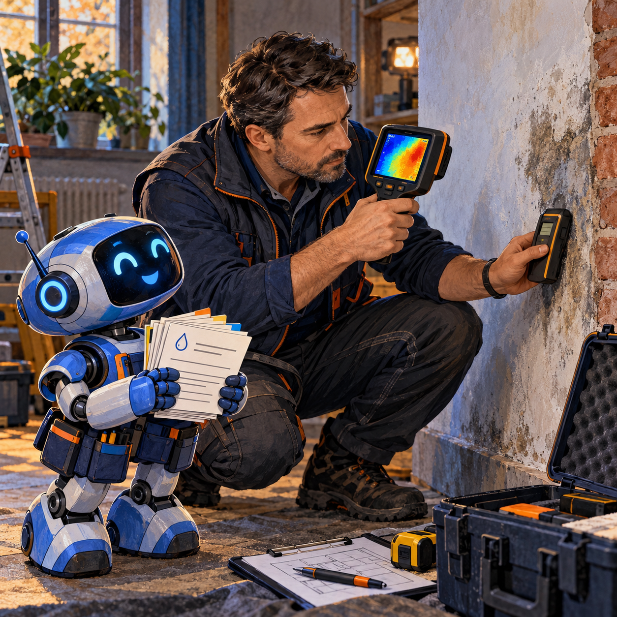 A specialist checks a damp wall with a thermal camera and moisture meter while a small blue robot holds measurement cards