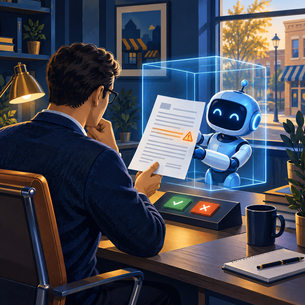 An IT lead reviews a document marked with a warning symbol as a small blue robot intern presents it within a transparent data boundary