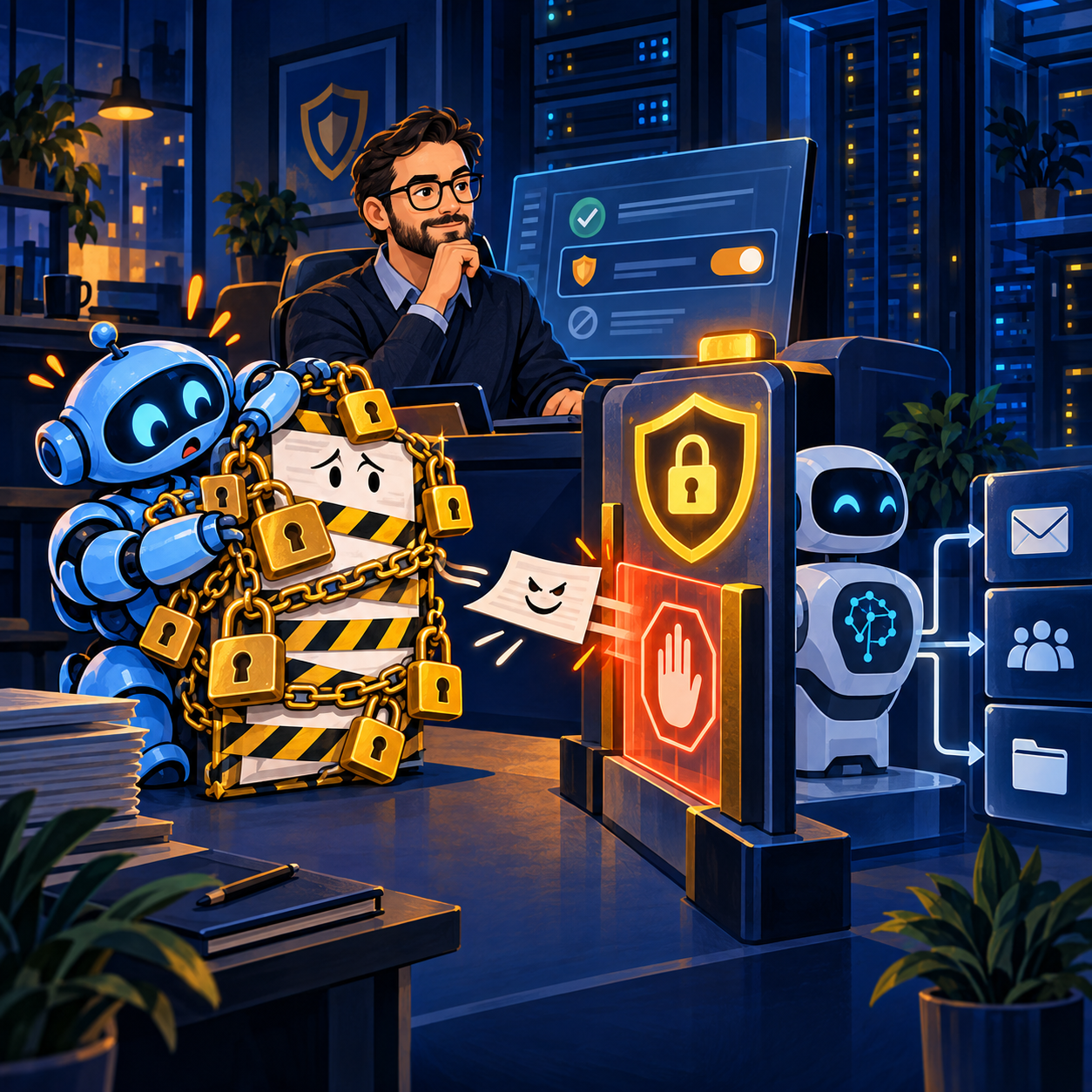 A manager controls a permission gateway while the friendly blue robot intern Vnutrik enthusiastically wraps a suspicious document in chains and padlocks