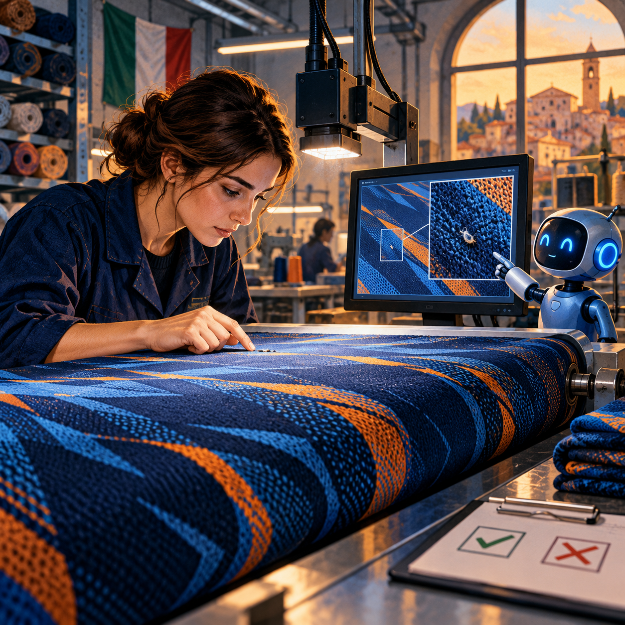 A specialist inspects moving fabric under a camera while a small blue robot points to a suspicious area on a screen