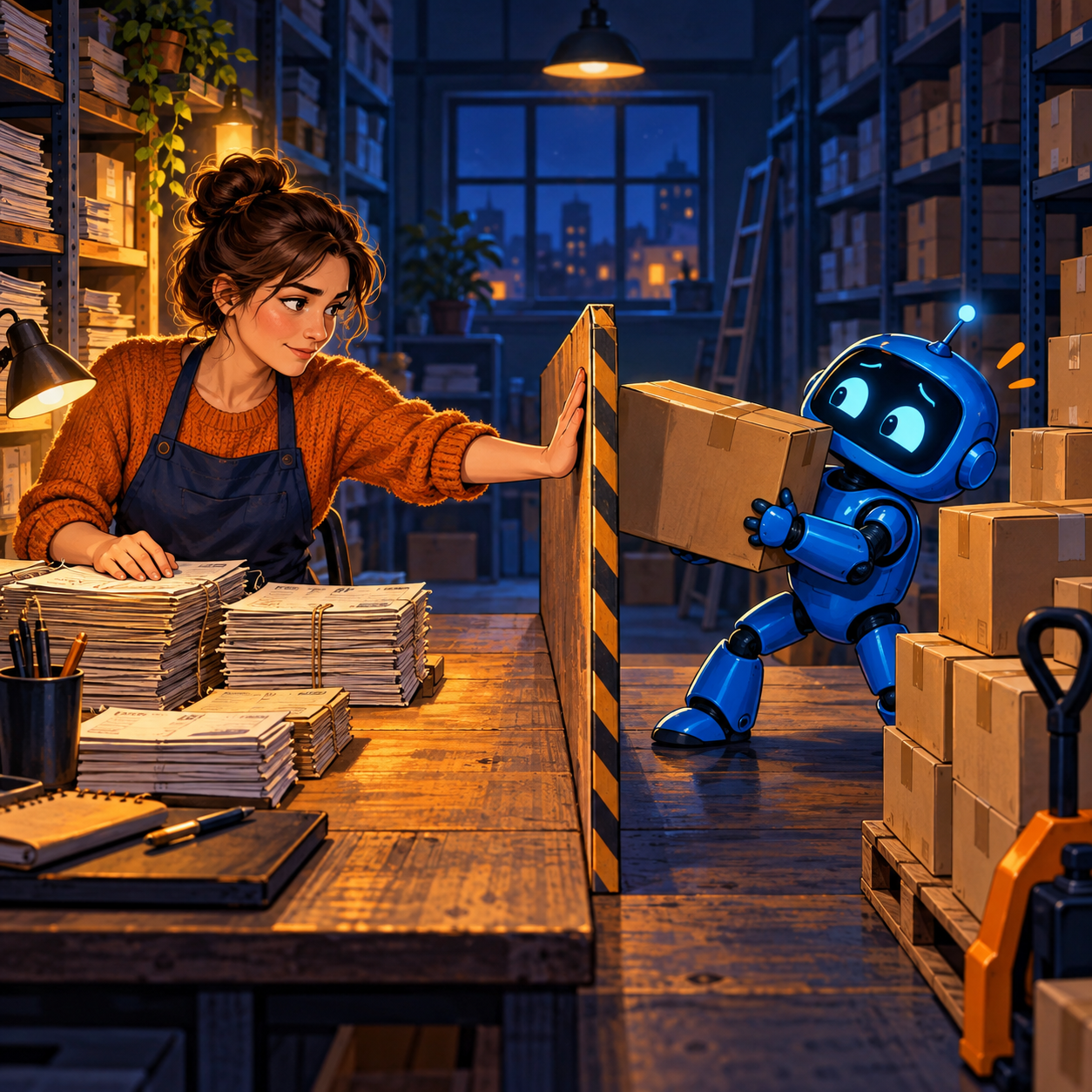 A stockroom manager holds a divider between past sales and future deliveries while a small blue robot tries to move a box into the past
