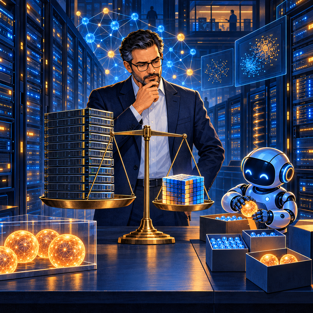 An IT manager weighs memory racks against a compact compressed vector cube while the friendly blue robot intern Vnutrik sorts glowing vectors in a secure server room