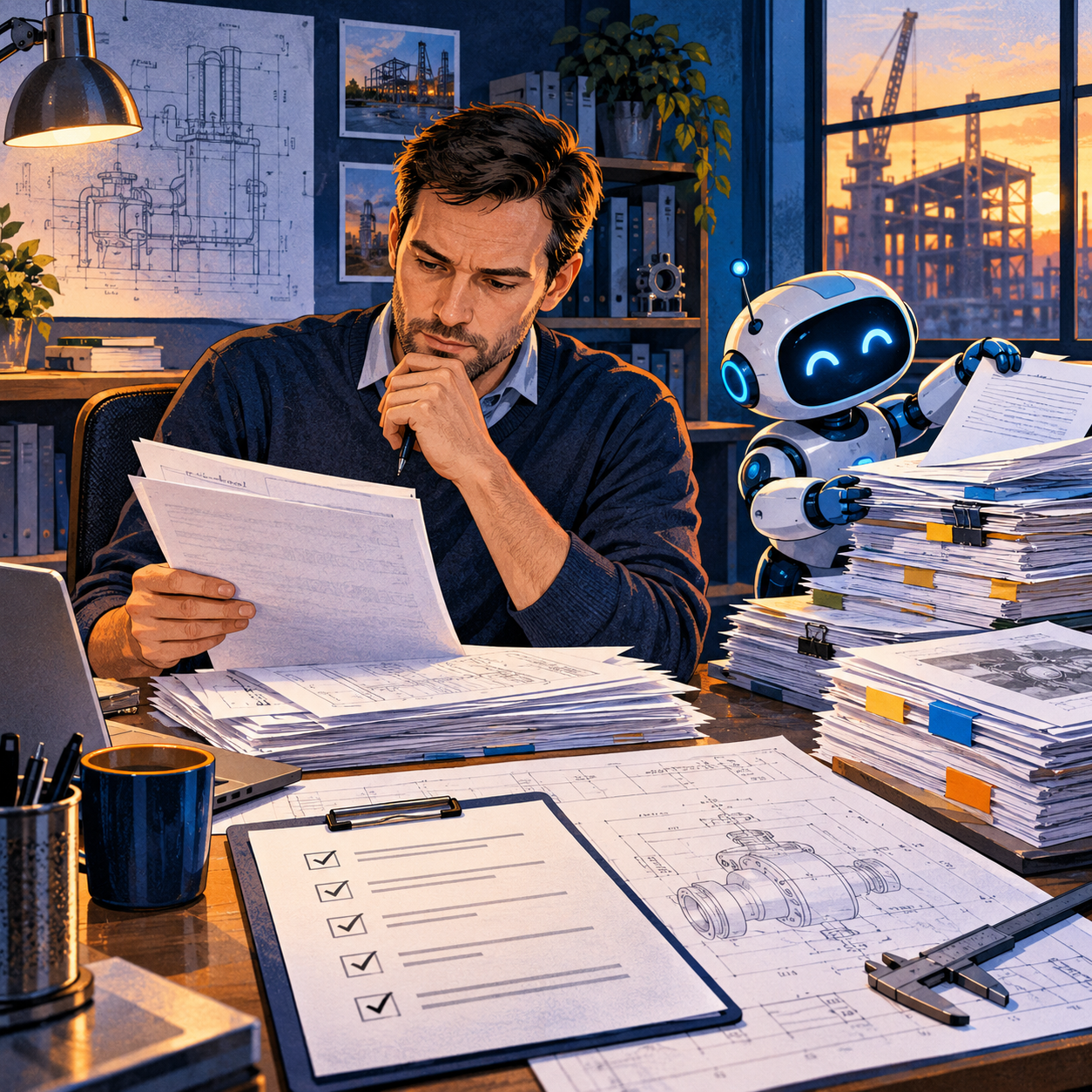 An engineer reviews technical drawings and a requirements checklist while a small blue robot sorts documents