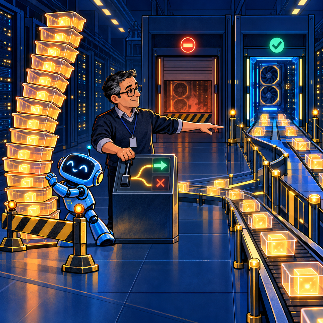 An IT manager redirects requests to a ready server while the friendly blue robot intern Vnutrik holds an excessively tall queue behind a protective barrier