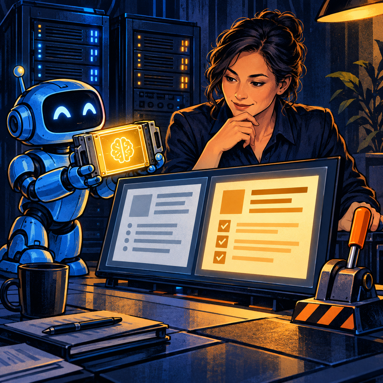 A blue robot presents a new model while a manager compares two outputs and keeps a rollback lever nearby