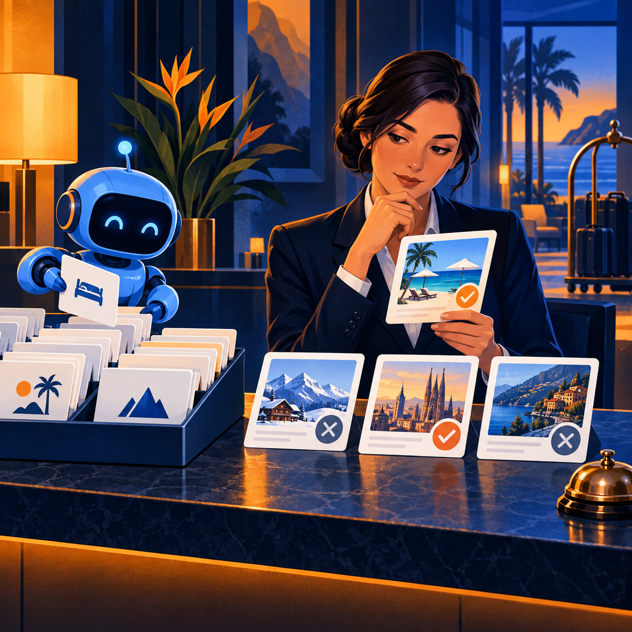 Hotel staff member reviews booking cards while a small blue robot sorts incoming enquiries at the reception desk