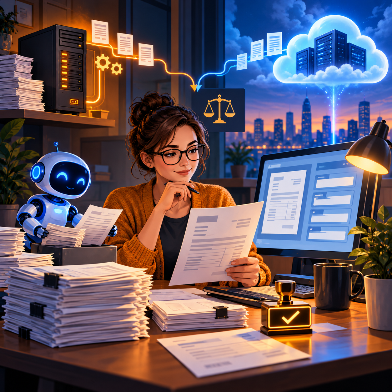 An accountant checks an invoice beside a local server and a cloud-processing diagram while a small blue robot sorts documents