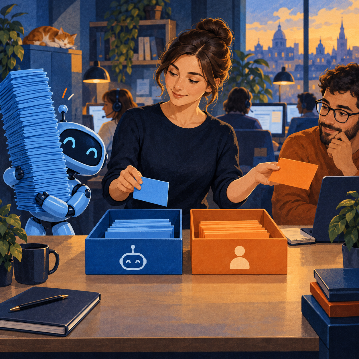 A support manager routes simple customer messages to a small blue robot intern and complex cases to a human colleague in a square editorial illustration