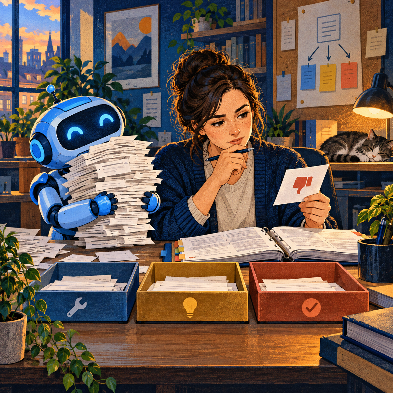 A manager examines a negative rating beside an open reference binder while a small blue robot carries a stack of feedback slips near three review trays